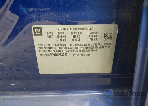 2013 Chevrolet Sonic Lt Auto из США, поврежденный, VIN 1G1JC5SG9D4233207